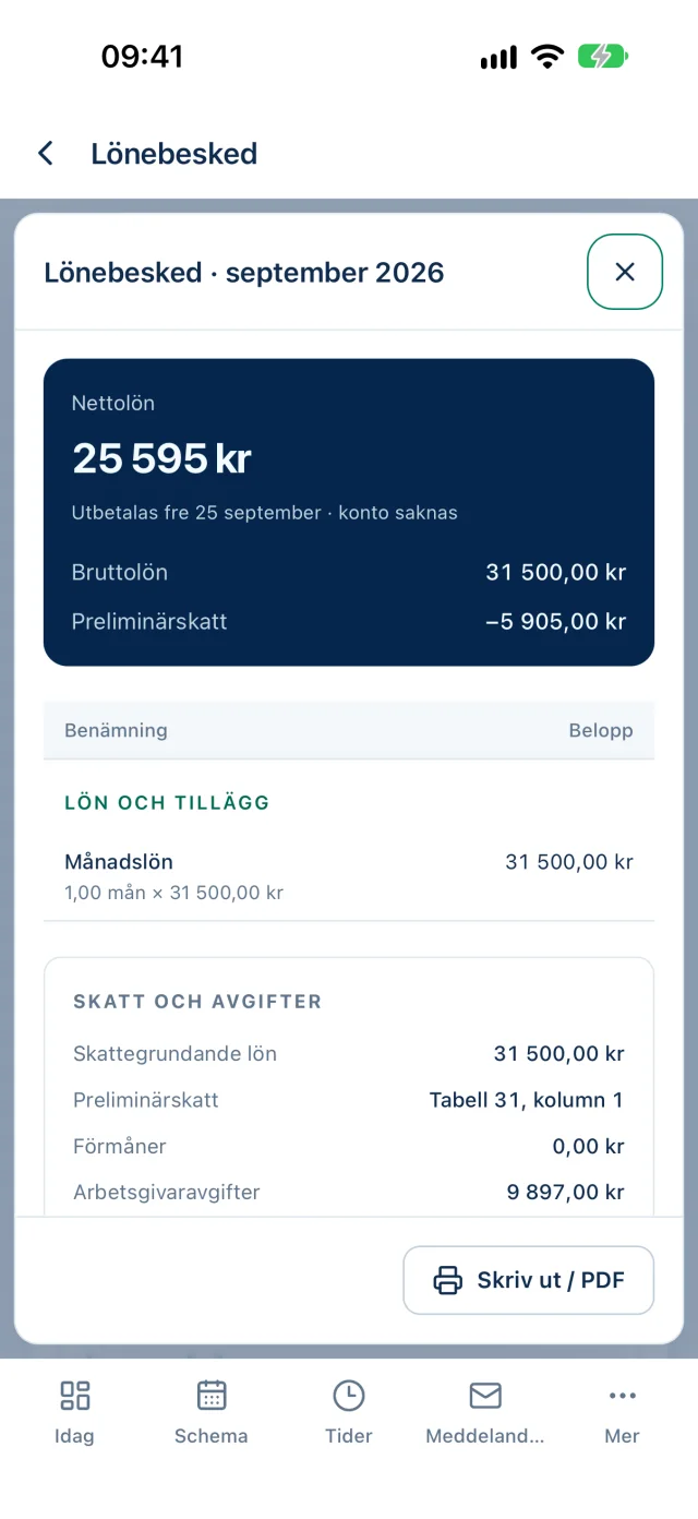 Skärmbild från ScheduleFai-appen: lönebeskedet för september med nettolön, bruttolön och skatt